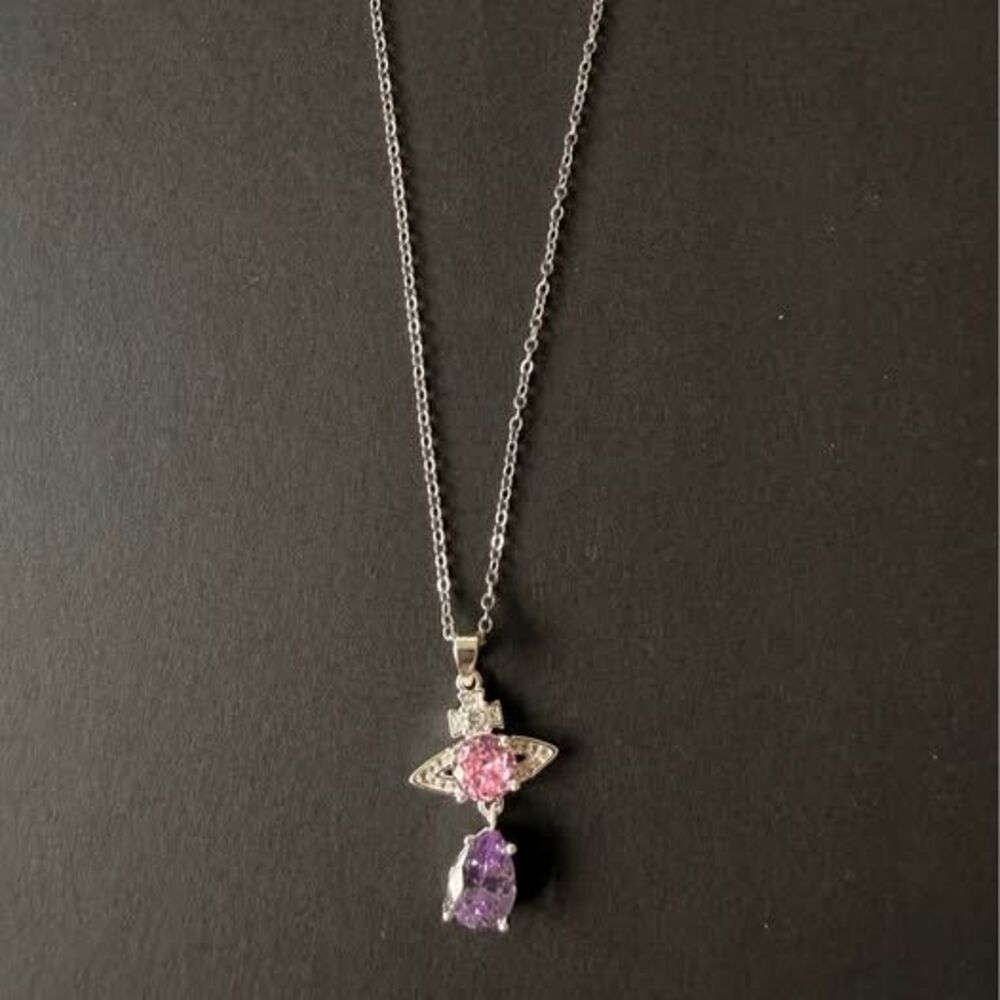 Sparkling Saturn Pendant Necklace – Stainless Steel Chain, CZ Glass Pendant